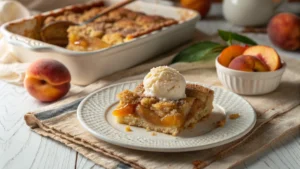 Fresh peach cobbler with golden crust and juicy peaches
