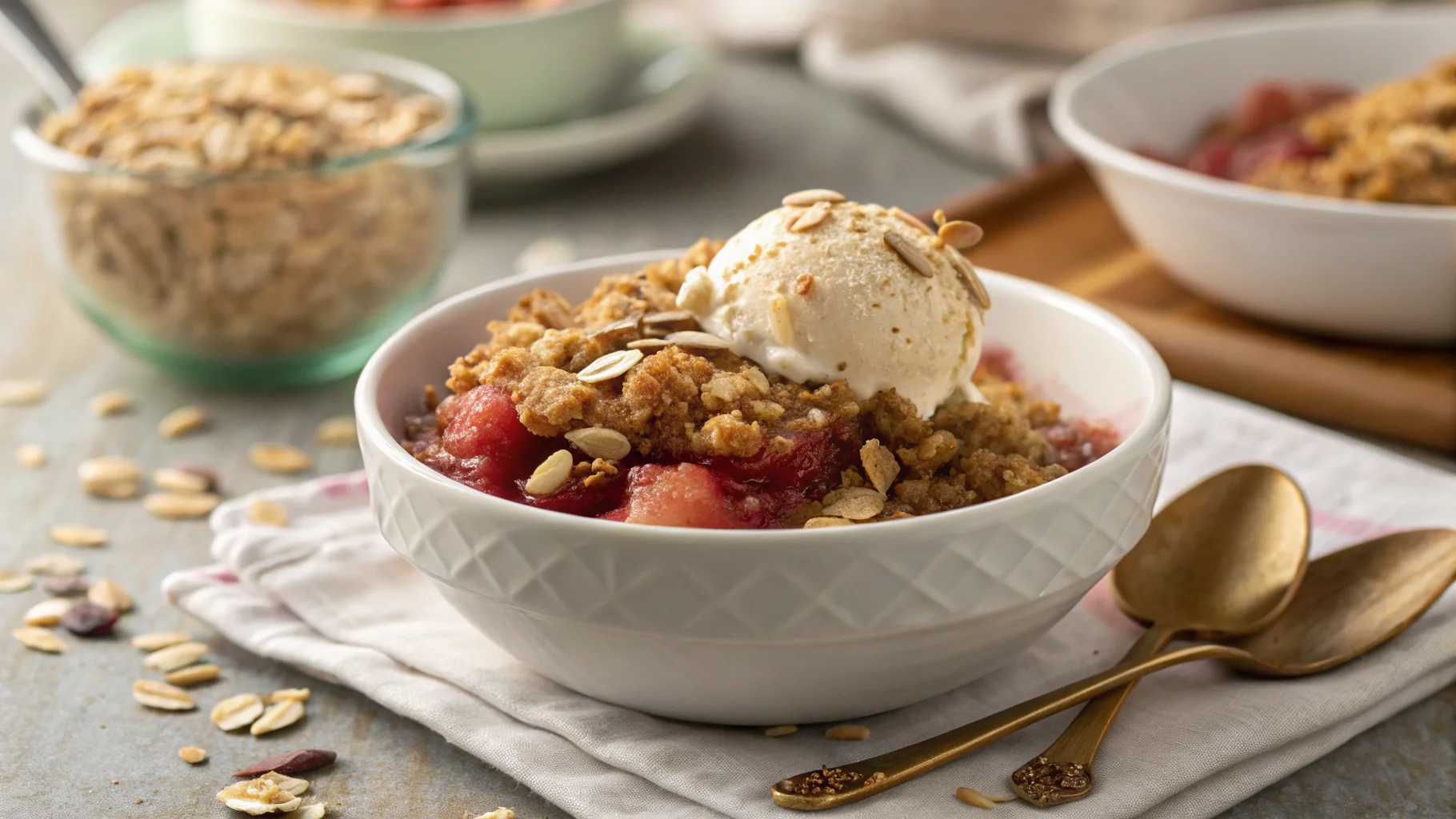 Close-up of a rhubarb crisp dessert with golden oatmeal crumble on top in a glass baking dish.