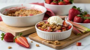 Strawberry rhubarb crisp with a crunchy oat topping in a glass baking dish.