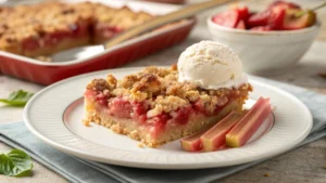 Close-up of homemade rhubarb crisp with bubbling fruit.