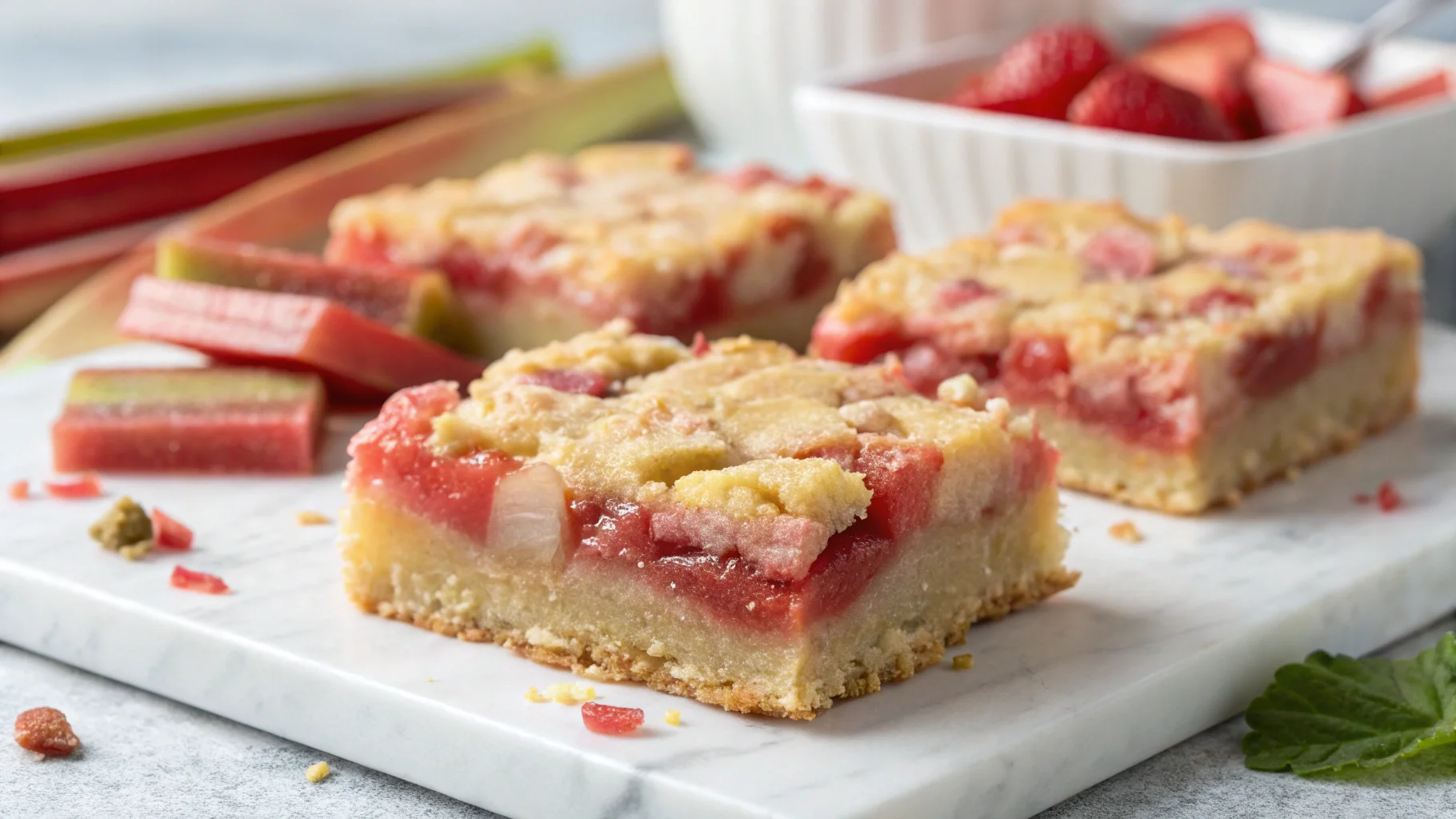 Close-up rhubarb bars with crumbly streusel topping and pink filling