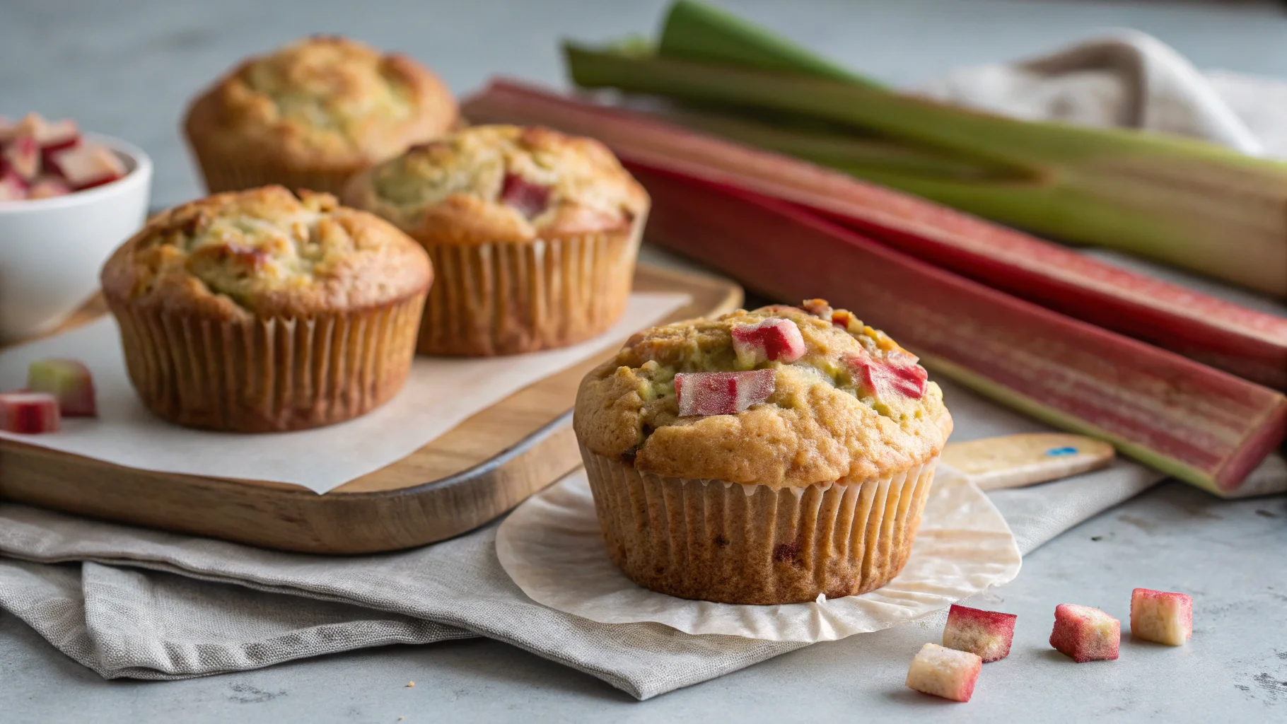 Plate of rhubarb muffins sprinkled with cinnamon and sugar, ready to serve