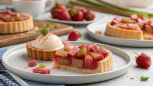 Close-up of a rhubarb dessert garnished with fresh berries on a white plate.