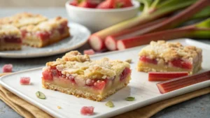 Homemade rhubarb bars with golden crust on wooden board