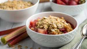 Freshly baked rhubarb crisp with oatmeal topping served in a rustic ceramic dish.
