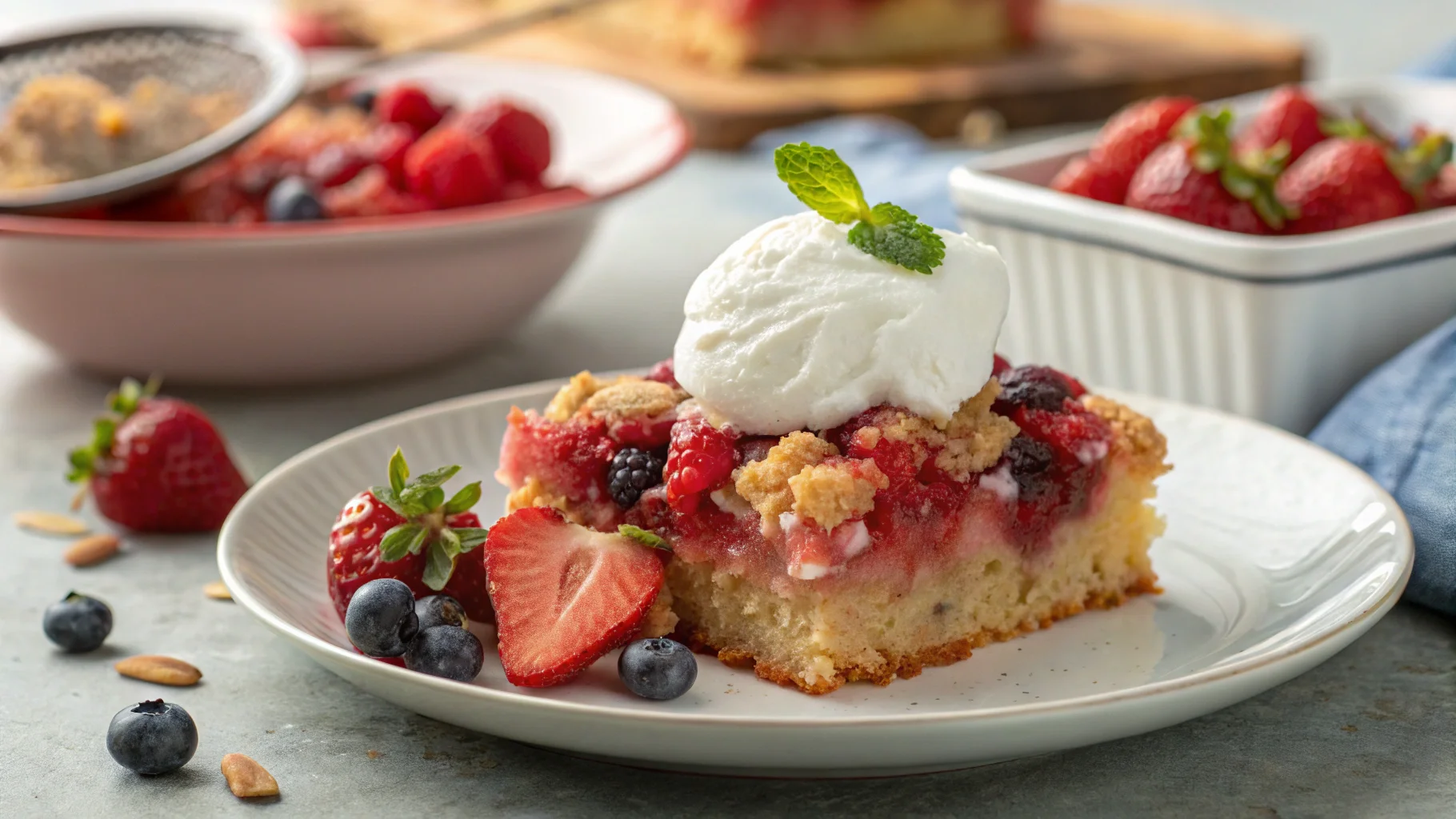 Rhubarb dump cake with golden crispy top served on a white plate.