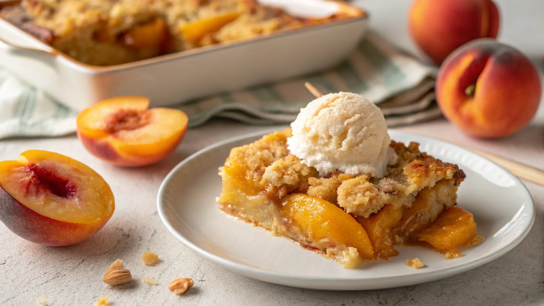 Warm peach cobbler topped with melting vanilla ice cream