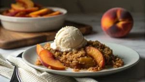 Close-up of homemade peach crumble with golden crumb topping in a white baking dish