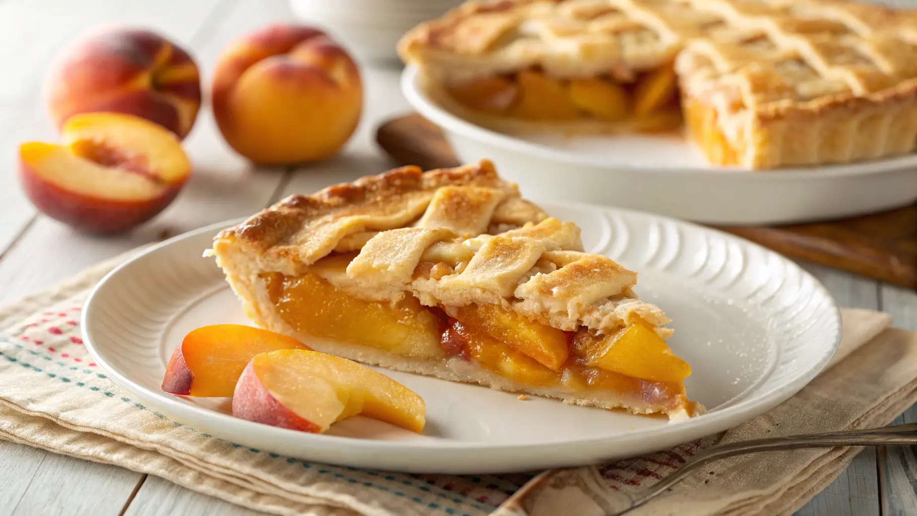 Close-up of homemade peach pie with golden crust and peach filling on wooden surface.