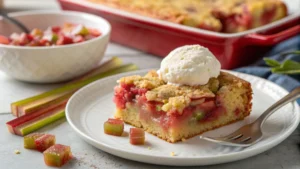 Slice of rhubarb dump cake showing juicy rhubarb filling and crumbly topping.