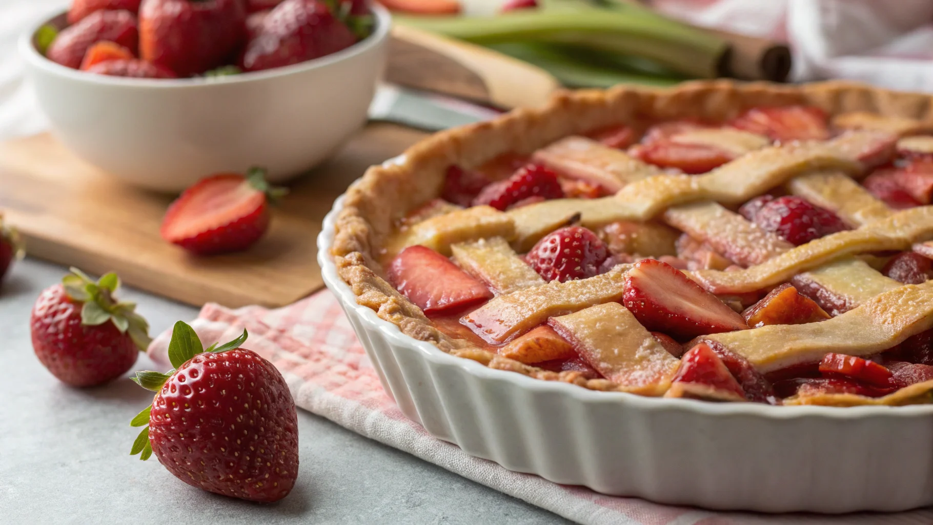 Rustic dish filled with homemade strawberry rhubarb pie topped with oats and cinnamon.