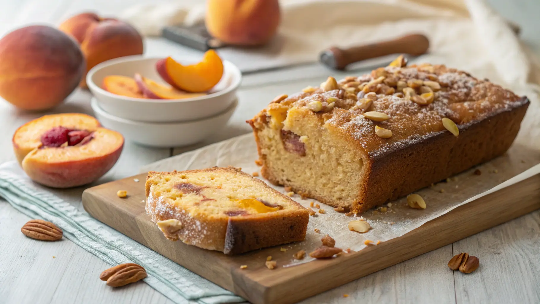 Freshly baked homemade peach bread with golden crust and peach chunks on wire rack