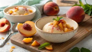 A close-up of fresh peach slices drizzled with creamy sesame goma sauce on a white plate.