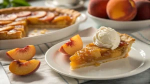 Slice of peach pie on a white plate with visible juicy peach layers and crust.