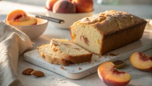 Slices of peach bread served with fresh peach slices and mint on wooden board