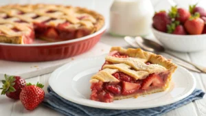 Close-up of a freshly baked strawberry rhubarb pie with golden oat topping and vibrant red fruit filling.