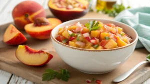 Bowl of fresh homemade peach salsa with chopped cilantro and red onion