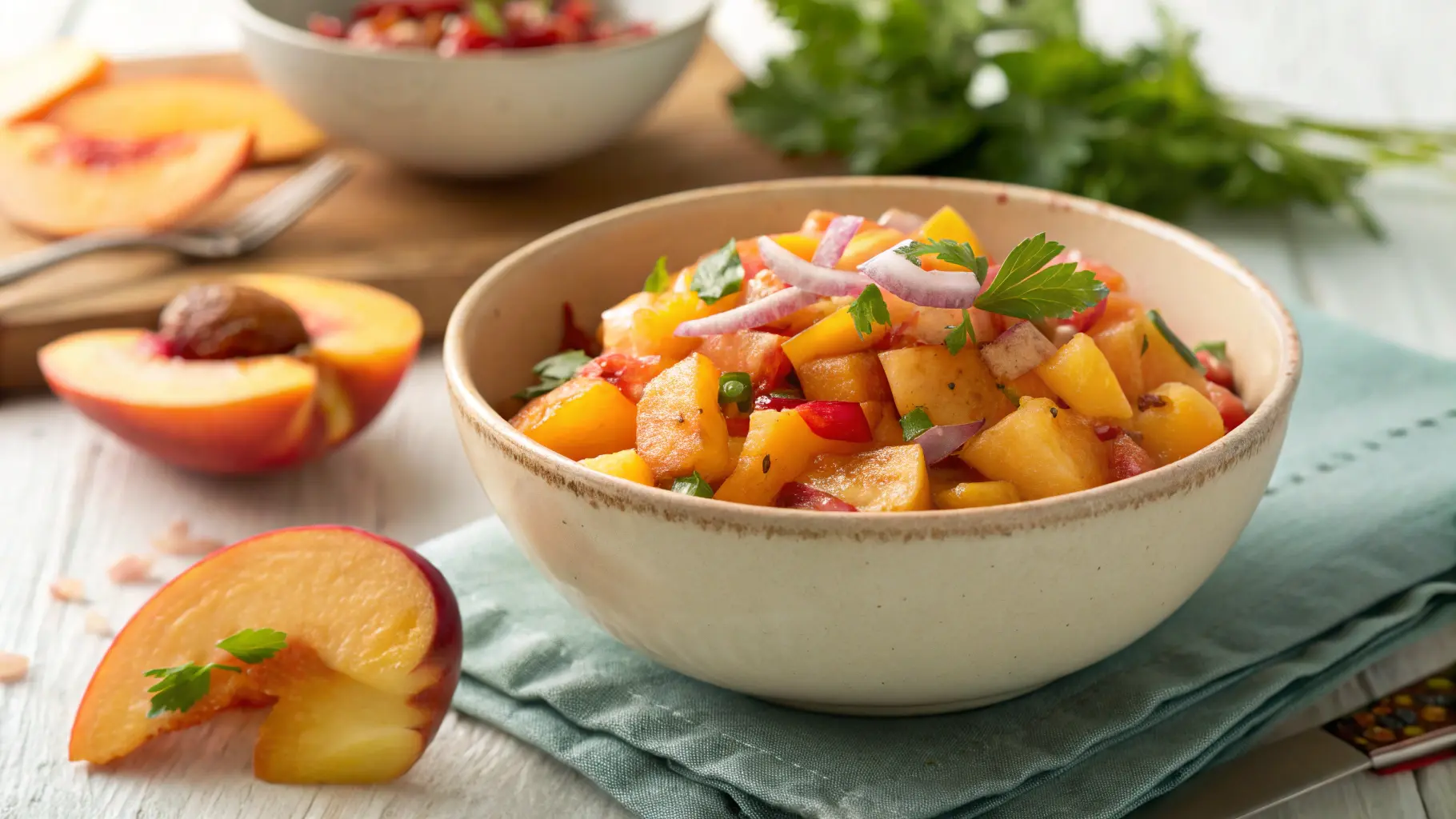 Close-up of colorful peach salsa with peaches, jalapeños, and herbs