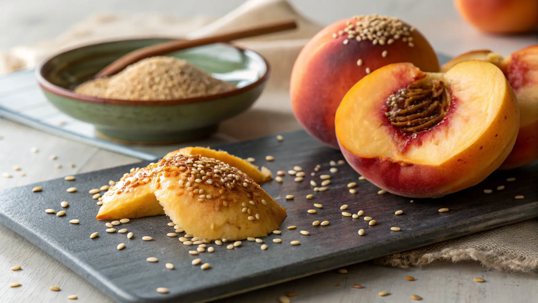 Elegant dessert featuring layers of sliced peach and black sesame cream in a glass cup.