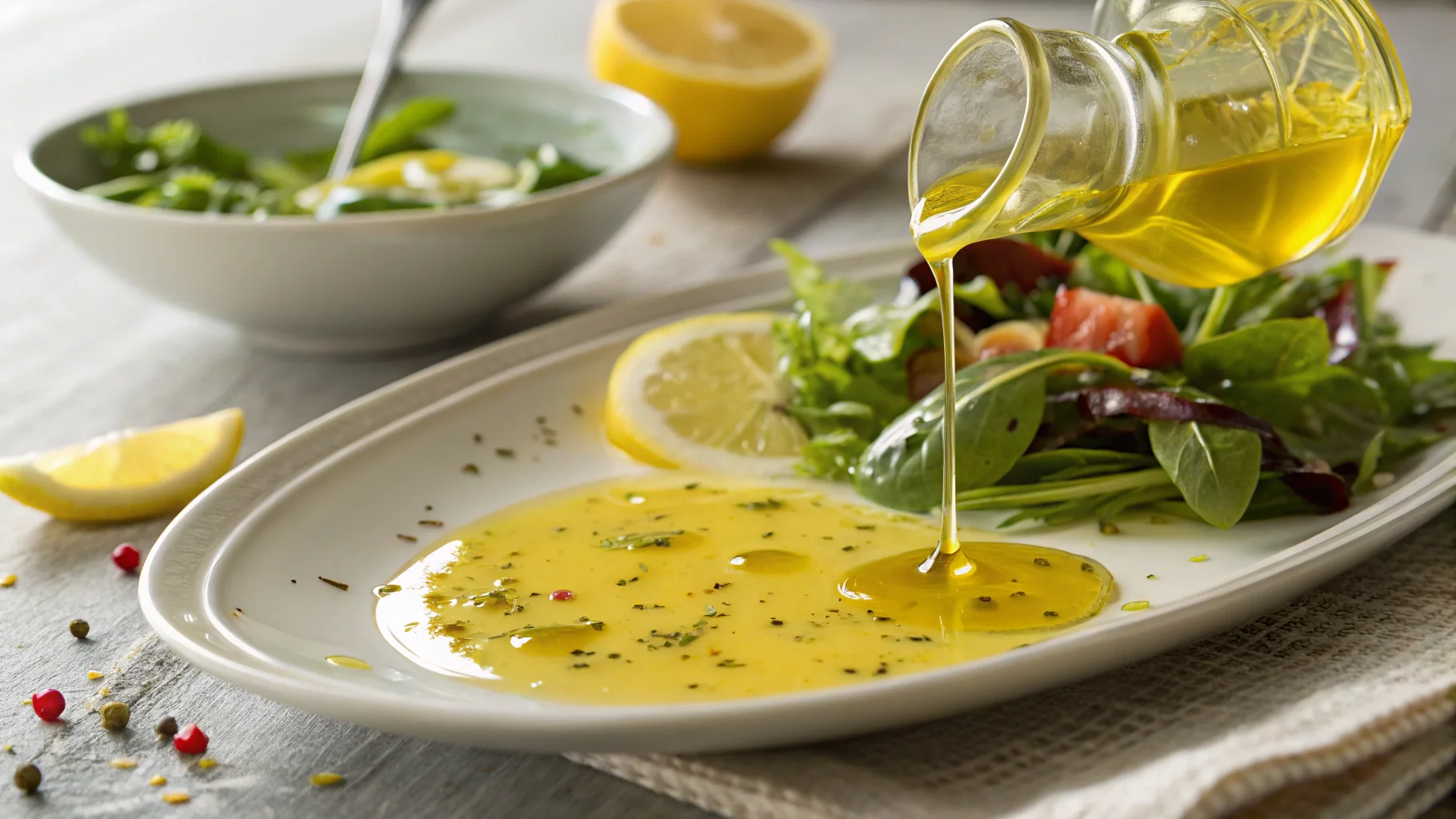 Pouring homemade lemon vinaigrette dressing over a salad