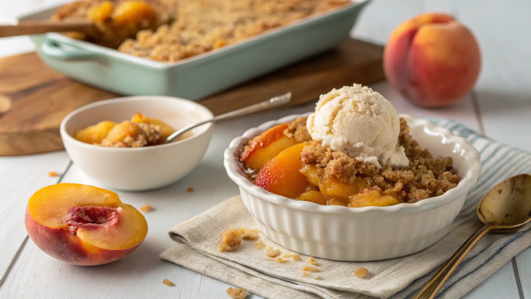 Warm peach crumble dessert topped with vanilla ice cream in a bowl