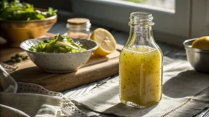 Fresh lemon vinaigrette dressing in a glass jar with lemons and herbs