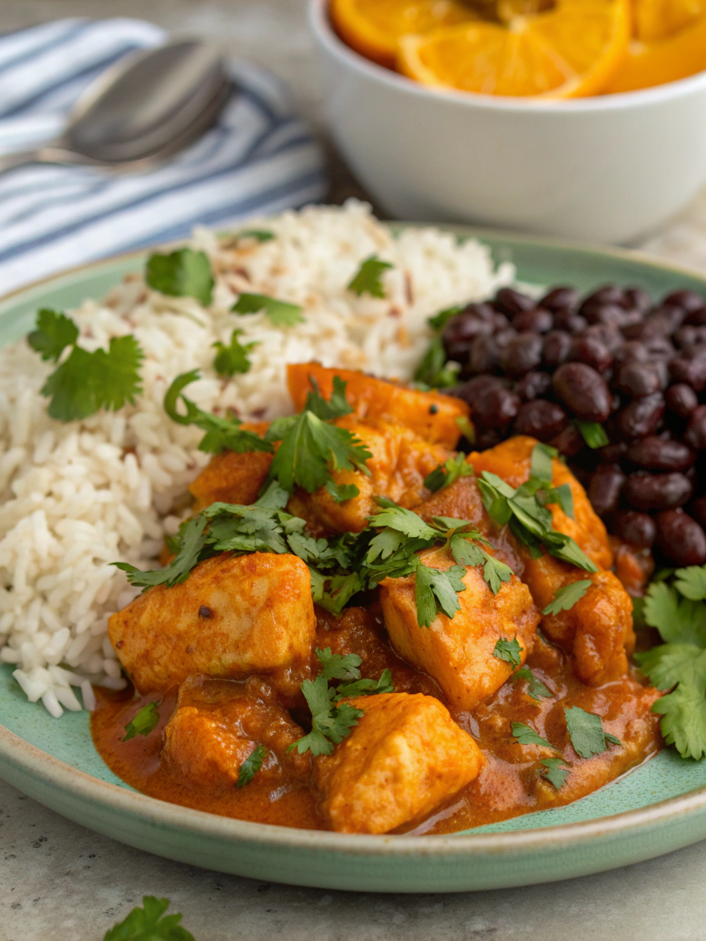 Cilantro Orange Chicken with Rice and Beans