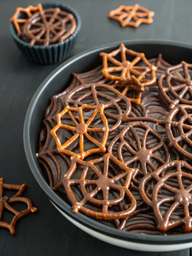 Halloween Chocolate Pretzel Spider Webs